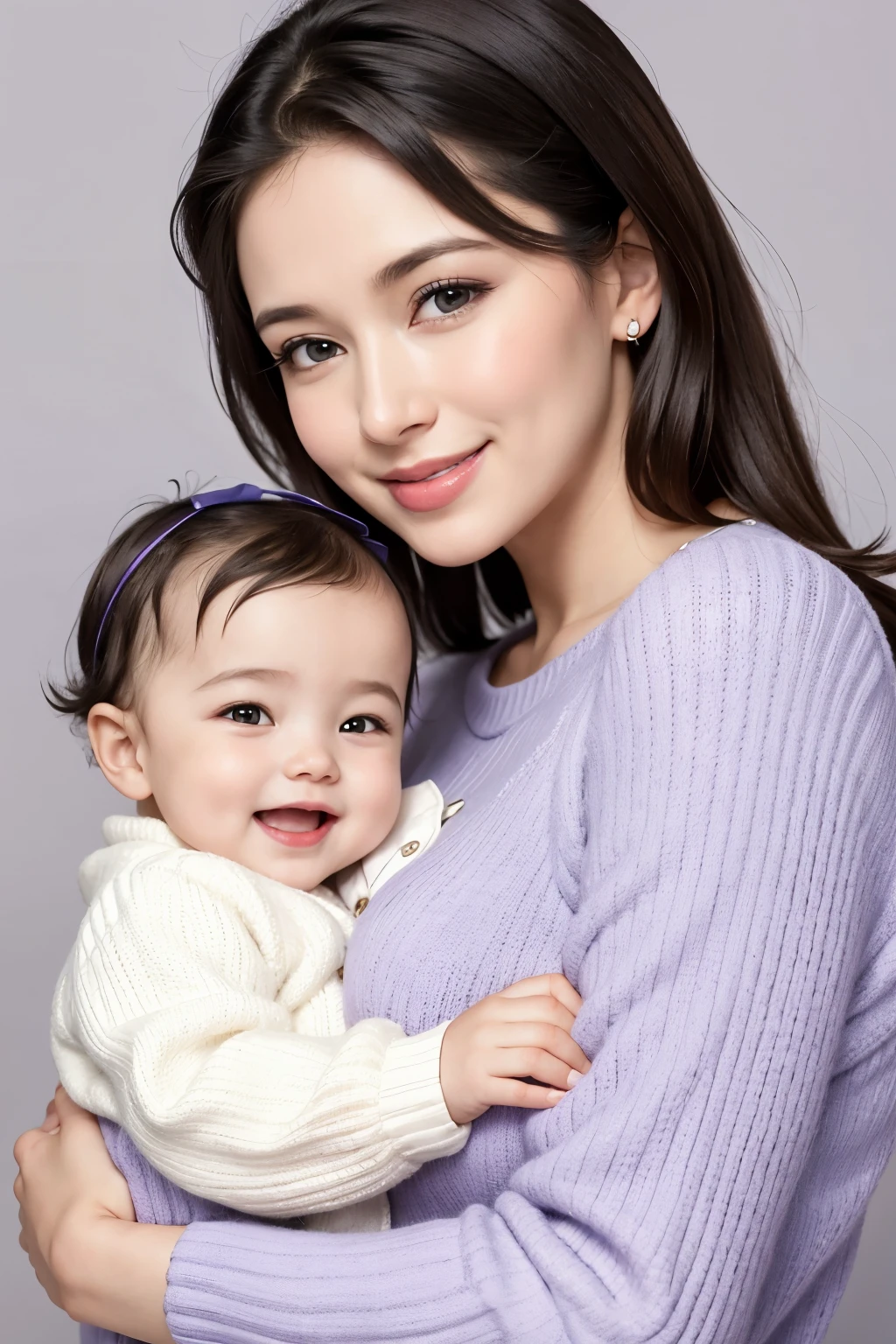Realistic image of a very cute and smiling mother and . Mom in lilac blouse and one-mont baby knitted clothes. Plain sky blue background written in lilac color variations of mom's clothes alone