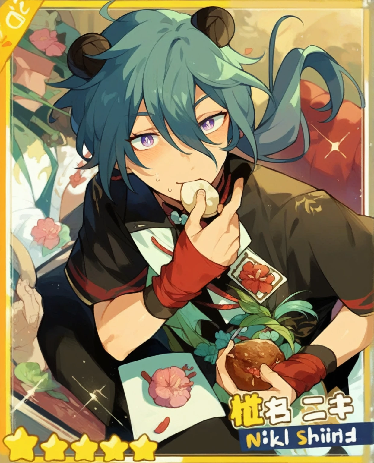 close-up of a man, holding a plate of food, Handsome Japanese demon boy, Otaku from Gangi, Also, Keqing from Genshin's blow, anime cover, zhongli from genshin impact, official work of art, Come on Yatate, inspired by Okumura Masanobu, anime moe artstyle, Collectible card, profile picture 1024px