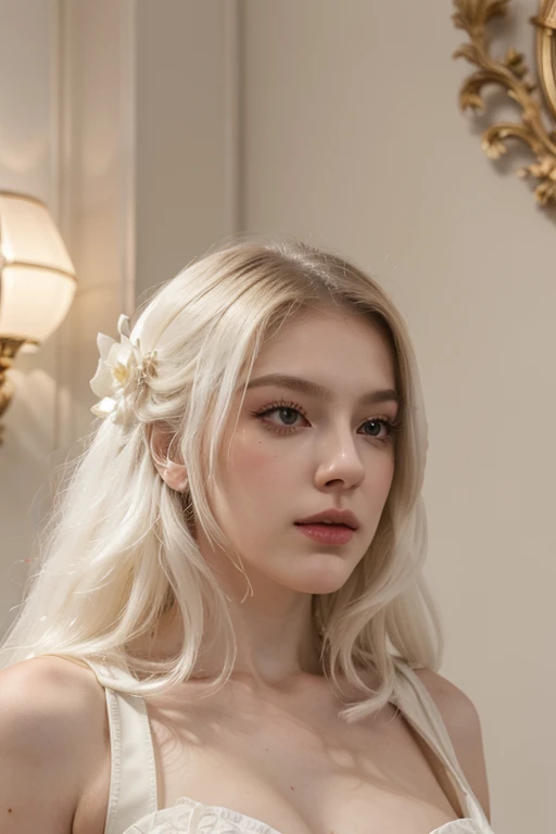 Masterpiece, of the highest quality, (enfocarse Alone), (Perfect face:1.1), (high detail:1.1),dramatic, 1 chico, (pale skin), long white hair, white eyes, [light eyebrows], Alone, Venetian mask, white luxury suit, covered navel, sensual lips, covered, dance room, detailed background, art by Artgerm and Greg Rutkowski,  cinematic lighting, rose