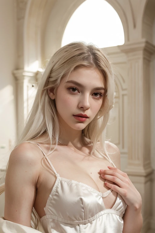 Masterpiece, of the highest quality, (enfocarse Alone), (Perfect face:1.1), (high detail:1.1),dramatic, 1 chico, (pale skin), long white hair, white eyes, [light eyebrows], Alone, Venetian mask, white luxury suit, covered navel, sensual lips, covered, dance room, detailed background, art by Artgerm and Greg Rutkowski,  cinematic lighting, rose
