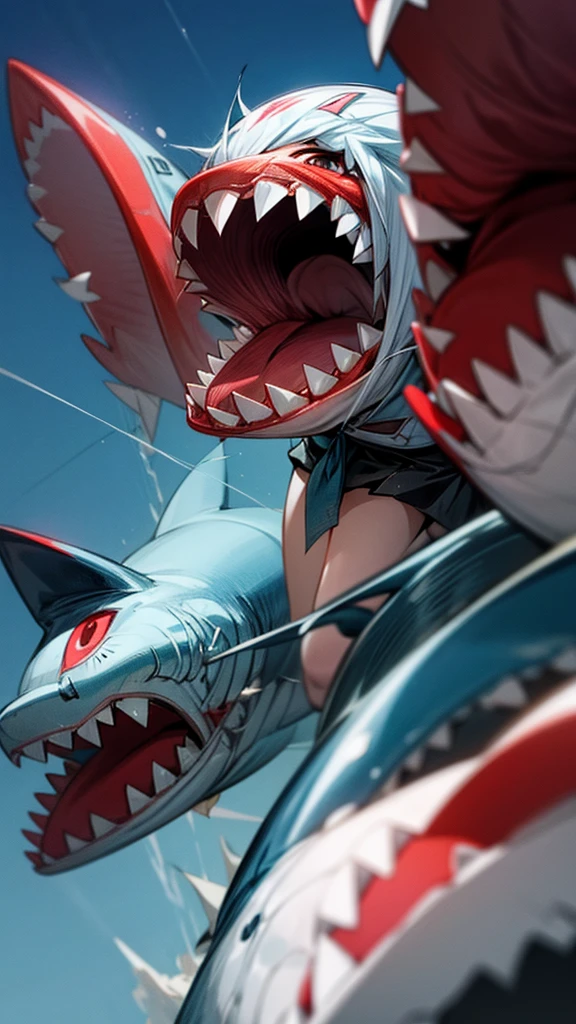 Shark Girl、Shark body、Shark Fin、Sharp teeth、Human eyes、Going to school