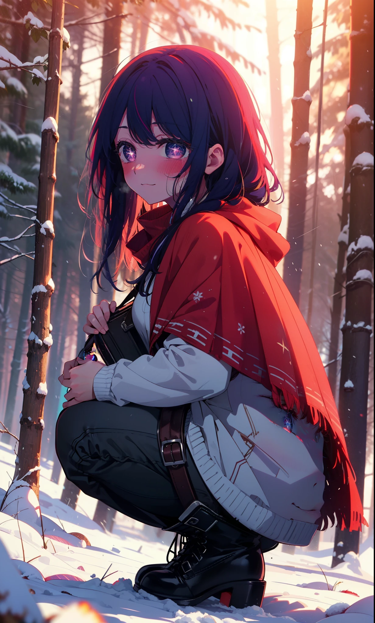 aihoshino, Ai Hoshino, Long Hair, bangs, (Purple eyes:1.1), Purple Hair, (Symbol-shaped pupil:1.5), smile,,smile,blush,White Breath,
Open your mouth,snow,Ground bonfire, Outdoor, boots, snowing, From the side, wood, suitcase, Cape, Blurred, , forest, White handbag, nature, Squat, Mouth closed, Cape, winter, Written boundary depth, Black shoes, red Cape break looking at viewer, Upper Body, whole body, break Outdoor, forest, nature, break (masterpiece:1.2), Highest quality, High resolution, unity 8k wallpaper, (shape:0.8), (Beautiful and beautiful eyes:1.6), Highly detailed face, Perfect lighting, Extremely detailed CG, (Perfect hands, Perfect Anatomy),