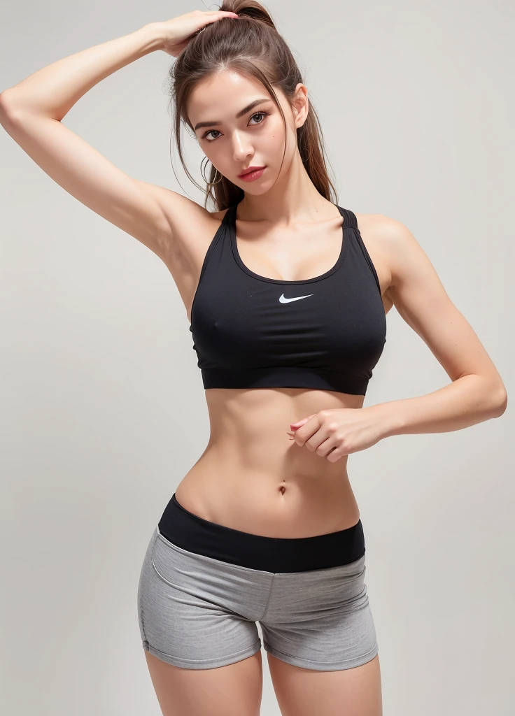 A closeup of a gorgeous woman in a sports bra top and shorts, huge breast with pointed nipples, corpo tonificado, corpo em forma, Photo adjustment, em forma, magro e tonificado, Camisa de corte e abdominais fortes, mulher em forma, modelo fitness, bem tonificado, sporty physique, forma tonificada, Encaixe figura delicada, Bonito midriff, sport bra and shorts, corpo esguio, Atenuada, corpo forte
