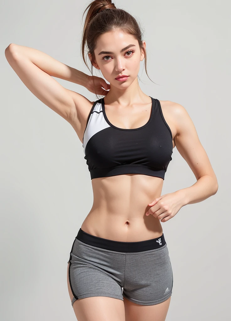 A closeup of a gorgeous woman in a sports bra top and shorts, huge breast with pointed nipples, corpo tonificado, corpo em forma, Photo adjustment,  em forma, magro e tonificado, Camisa de corte e abdominais fortes, mulher em forma, modelo fitness, bem tonificado, sporty physique, forma tonificada, Encaixe figura delicada, Bonito midriff, sport bra and shorts, corpo esguio, Atenuada, corpo forte