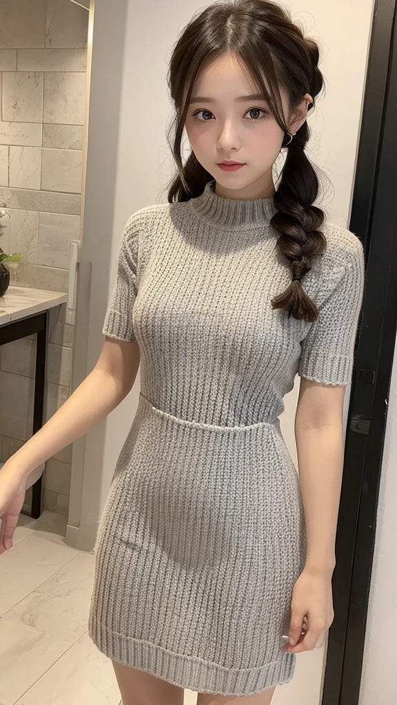 girl 18-year-old Hairstyle Casual, wearing a thigt knit dress with random design in house