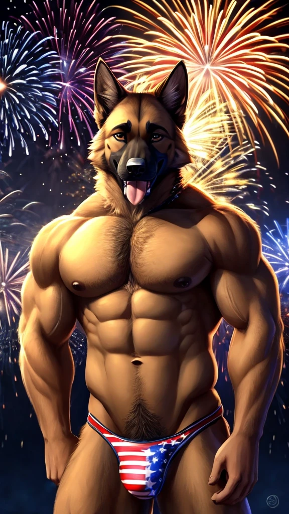 german shepherd, firework background, naked, muscular, us flag thong, tongue out, cute, lean, chest, smooth, fluffy