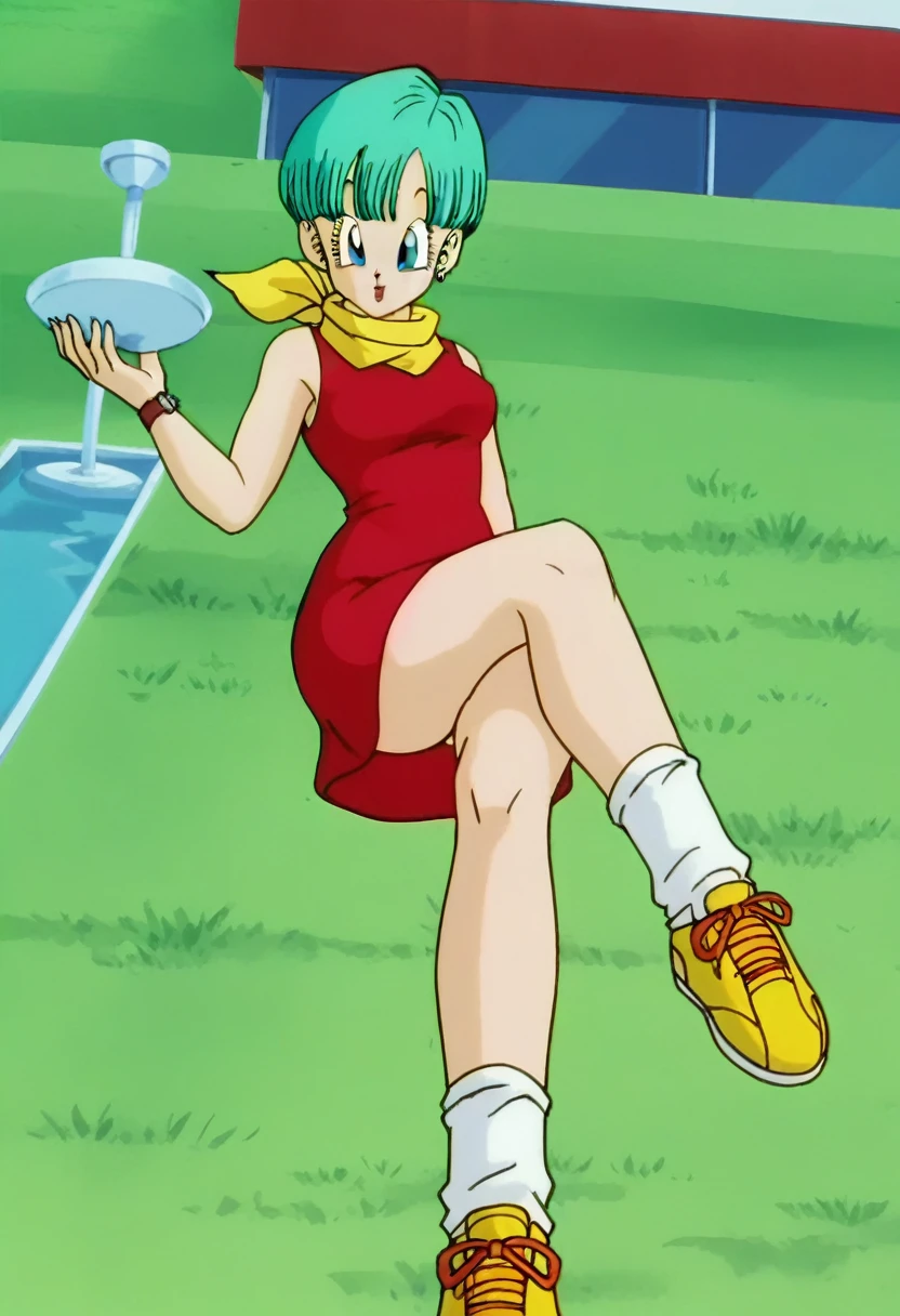 fountain_cheered up, score_9, score_8_above, score_7_above, cheered up screencap,
BULMA, 1 girl, Alone, buu saga, aquamarine hair, very short hair, bowl cut, Blue eyes, wristwatch, yellow scarf, Red dress, sleeveless, loose socks, Yellow sneakers, Grass, Field, from below,
 legs crossed