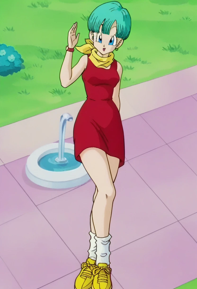 fountain_cheered up, score_9, score_8_above, score_7_above, cheered up screencap,
BULMA, 1 girl, Alone, buu saga, aquamarine hair, very short hair, bowl cut, Blue eyes, wristwatch, yellow scarf, Red dress, sleeveless, loose socks, Yellow sneakers, Grass, Field, from below,
legs crossed
