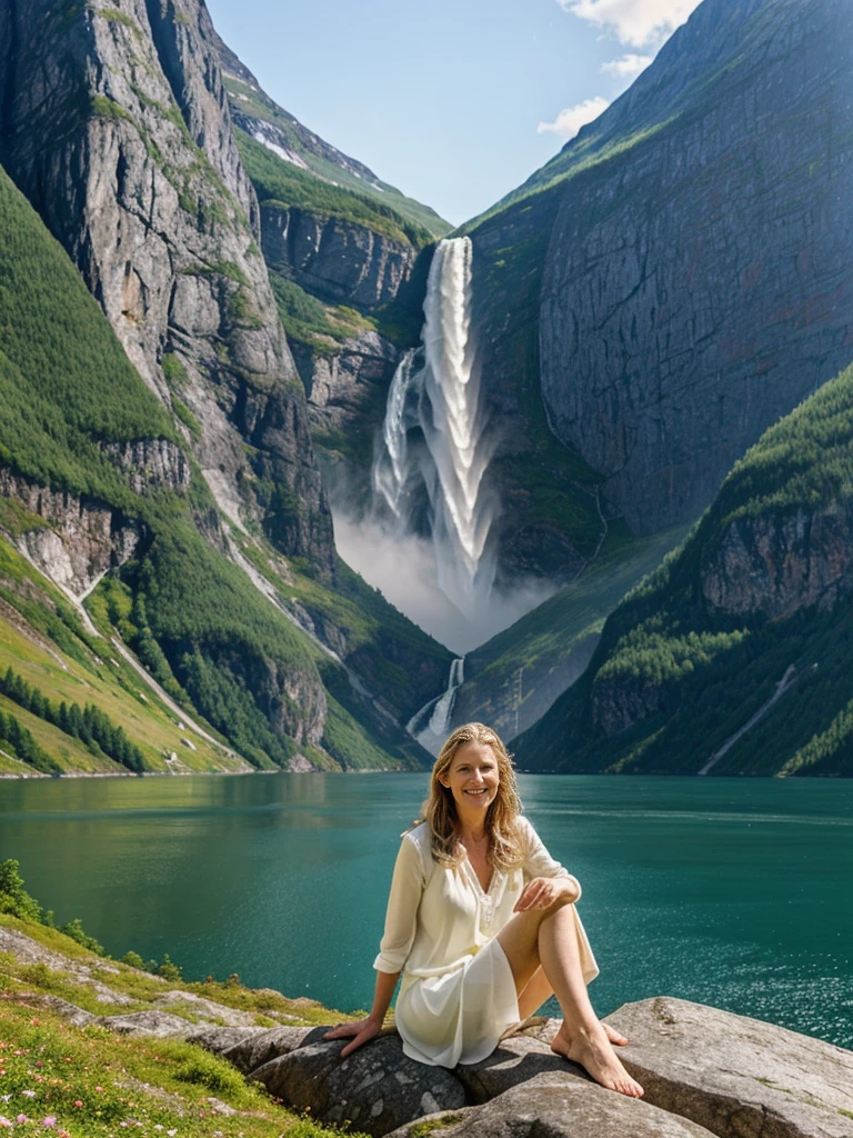 Liv Ullman, her name is Freydis, high quality, 1 old woman, ((50-year-old SLIM dutch woman)), ((50 years old)), (((wrinkled body))), ((((old body)))), (((LONG HAIR))), (((no make up))), (pale skin), (((blue eyes))), she is wearing stylish COLORFUL SUNDRESS wear different colors, POSE: sitting, classy, laughing, happy, BACKGROUND: outdoor: Geirangerfjord: A majestic fjord surrounded by steep cliffs and cascading waterfalls. 