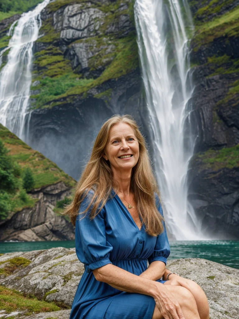 Liv Ullman, her name is Freydis, high quality, 1 old woman, ((50-year-old SLIM dutch woman)), ((50 years old)), (((wrinkled body))), ((((old body)))), (((LONG HAIR))), (((no make up))), (pale skin), (((blue eyes))), she is wearing stylish COLORFUL SUNDRESS wear different colors, POSE: sitting, classy, laughing, happy, BACKGROUND: outdoor: Geirangerfjord: A majestic fjord surrounded by steep cliffs and cascading waterfalls.