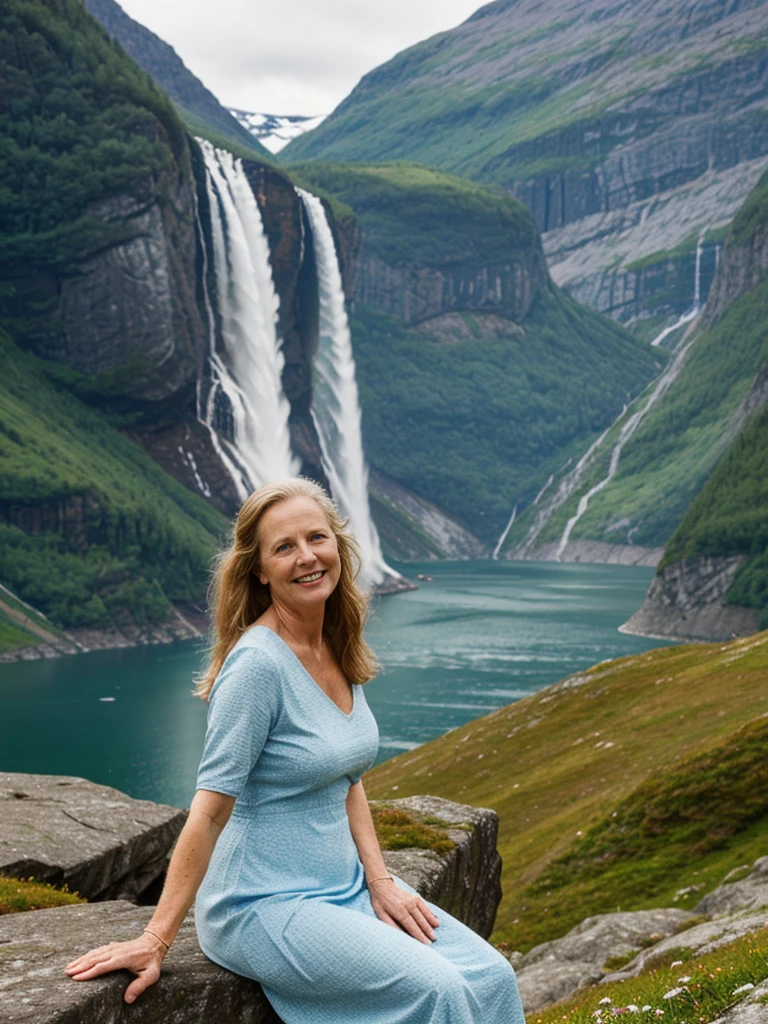Liv Ullman, her name is Freydis, high quality, 1 old woman, ((50-year-old SLIM dutch woman)), ((50 years old)), (((wrinkled body))), ((((old body)))), (((LONG HAIR))), (((no make up))), (pale skin), (((blue eyes))), she is wearing stylish COLORFUL SUNDRESS wear different colors, POSE: sitting, classy, laughing, happy, BACKGROUND: outdoor: Geirangerfjord: A majestic fjord surrounded by steep cliffs and cascading waterfalls.