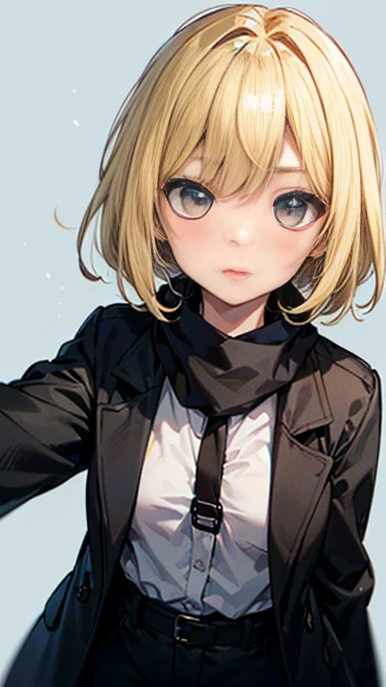 (AkiyamaYukari:1.25),
One Woman,
(Blonde:1.5),
(short,)Bobcut,
Early 20 years old,Natural skin texture,Narrow waist,Thin type,
(Asian Skin:1.9),Height: 168cm,Japanese Girl,,
Yellow eyes,Small breasts,Dressed securely,
((((Black trench coat)))),
(((Gray business suit))),
(((Black Business Pants))),
((Black scarf:Cold protection)),
(Black tie),
((ID photo:1.8,Plain cerulean blue background:1.6,Capture your subject from the front)),
expression(Puzzled),upright posture,Closed Mouth,Open eyes,blush,
Natural depiction,
Beautiful depiction,
Shiny eyes,
Healthy Body,
Natural hairstyle,
Natural body contours,
Natural facial contours,
(Five fingers)Absolute depiction,Symmetrical fingers,
Two arms,
Two legs,
Sharp eyelid depiction,
Symmetrical eyes,Symmetrical eyes,
Keep the subject in the center,Expand the upper body,
Beautiful image quality,
Delicate shades,
4K,Very detailed,
Delicate light adjustment,
Delicate contour drawing,