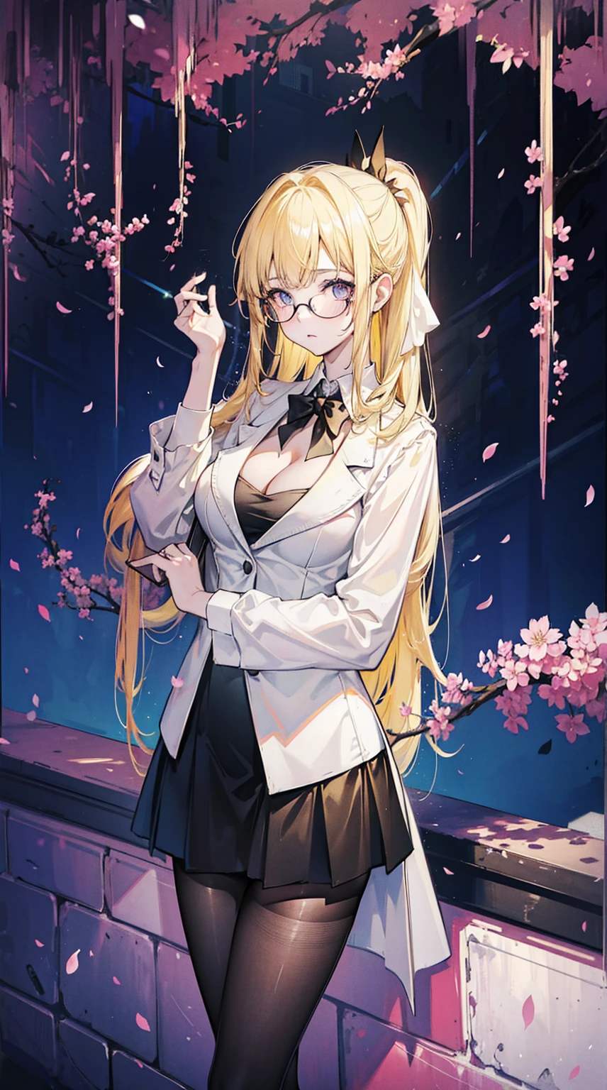 Young and beautiful Kathryn Newton, Glasses, White dress shirt, Very deep neckline, Black Mini Dress, Dark pantyhose, Surreal, 14 years old, Model figure, Large Breasts, Beautiful breasts, Big Ass, Long hair, Ponytail, Blonde hair, Long legs, 8K, futuristic city, Cherry blossoms, sunrise, LED lighting, Anime style, (((Cleavage)))
