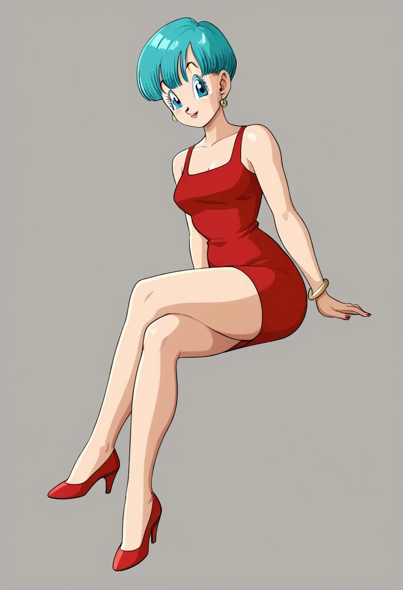 Bulma briefs red dress legs crossed