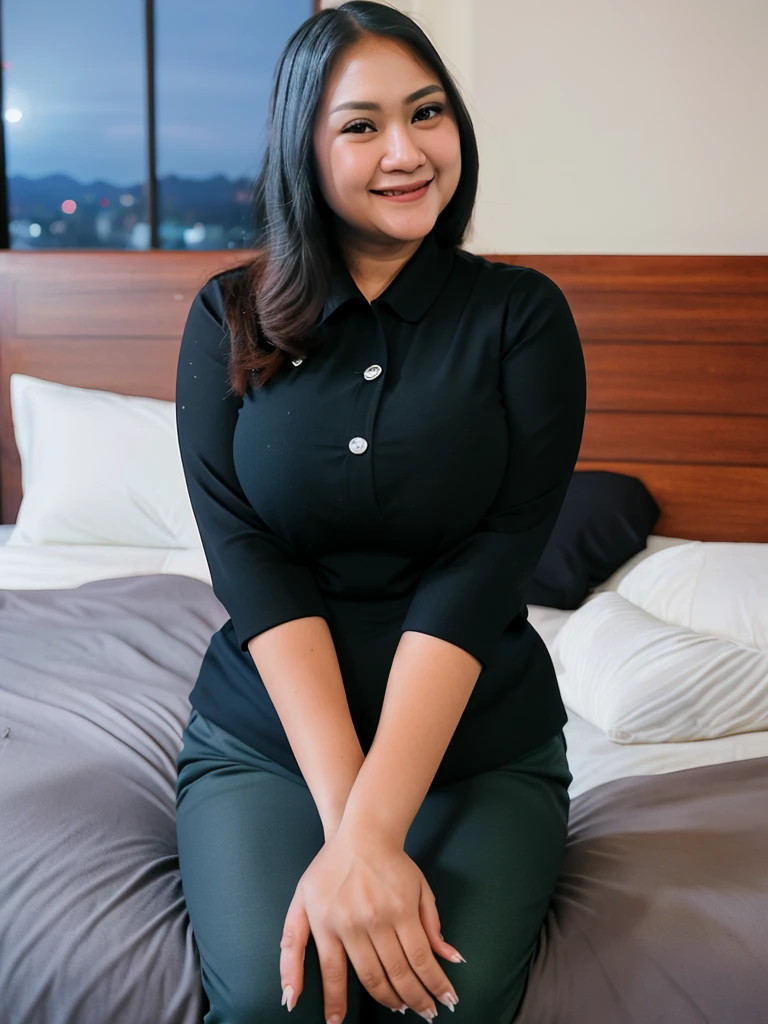RAW, Best quality, high resolution, Masterpiece: 1.3), Beautiful Malay woman, Masterpiece, Perfect slim body, ((Huge breasts)), Beautiful big eyes, water eyes, Soft smile, tight trousers, ((closed clothes), ((polite clothes)), windy, skin details, skin texture details, wide hips, thick thighs, sexy body, night time, laughing, happy, night atmosphere, bed room, blurred background, bokeh, deep shadow