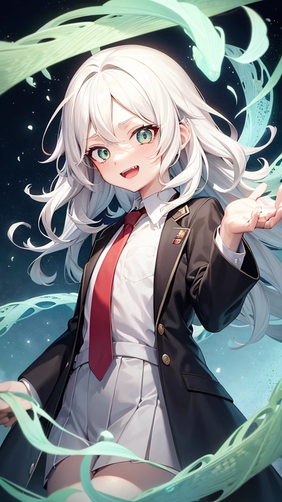 An anime style screenshot of the universe of "Boku no hero academia" (bnha). The scene shows an albino girl with short, wavy hair in the form of waves falling downwards.. He has big green eyes that stand out in his pale face.. He wears the typical UA , with a gray jacket and a red tie. The girl has snake fangs that show when she smiles and small medium-sized wings on her back. Besides, a snake's tail is seen moving behind her. The background is a typical anime school hallway, with lockers and doors on the sides