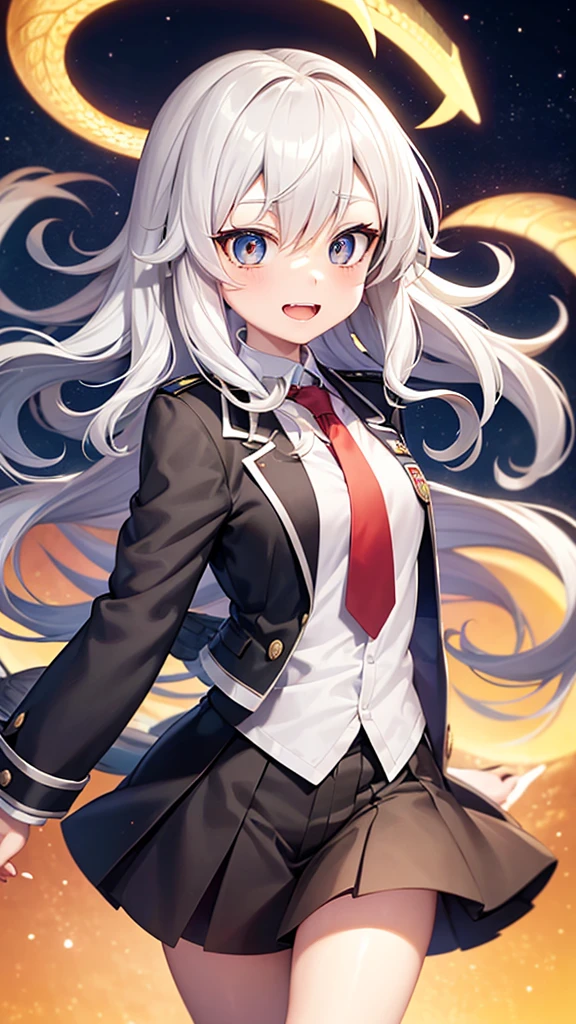 An anime style screenshot of the universe of "Boku no hero academia" (bnha). The scene shows an albino girl with short, wavy hair in the form of waves falling downwards.. He has big green eyes that stand out in his pale face.. He wears the typical UA , with a gray jacket and a red tie. The girl has snake fangs that show when she smiles and small medium-sized wings on her back. Besides, a snake's tail is seen moving behind her. The background is a typical anime school hallway, with lockers and doors on the sides