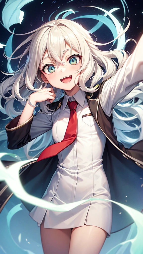 An anime style screenshot of the universe of "Boku no hero academia" (bnha). The scene shows an albino girl with short, wavy hair in the form of waves falling downwards.. He has big green eyes that stand out in his pale face.. He wears the typical UA , with a gray jacket and a red tie. The girl has snake fangs that show when she smiles and small medium-sized wings on her back. Besides, a snake&#39;s tail is seen moving behind her. The background is a typical anime school hallway, with lockers and doors on the sides