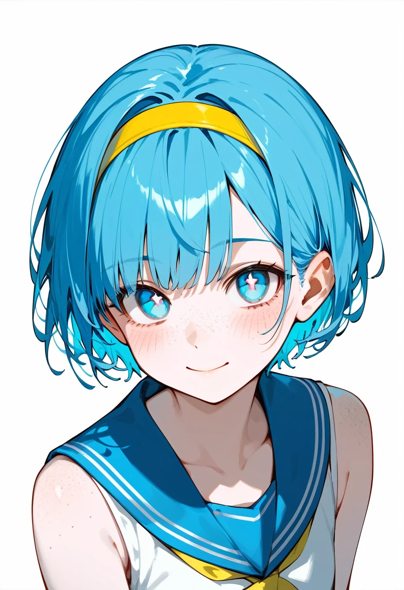 1girl, solo, blue hair, blue eyes, smile, bright pupils, hairband, shirt, short hair, yellow hairband, sleeveless, sleeveless shirt, closed mouth, white pupils, blush, blue sailor collar, collarbone, sailor collar, looking at viewer, bangs, white shirt, upper body, freckles ""