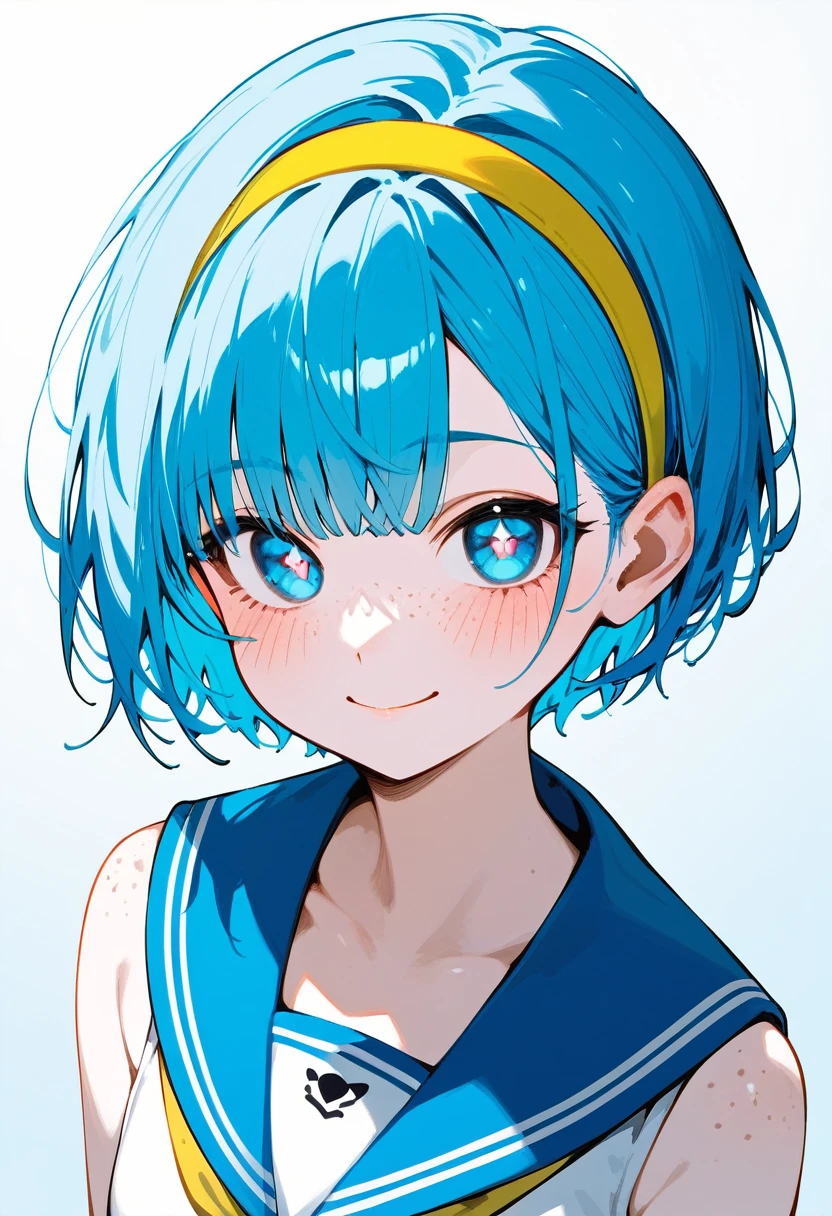 1girl, solo, blue hair, blue eyes, smile, bright pupils, hairband, shirt, short hair, yellow hairband, sleeveless, sleeveless shirt, closed mouth, white pupils, blush, blue sailor collar, collarbone, sailor collar, looking at viewer, bangs, white shirt, upper body, freckles ""