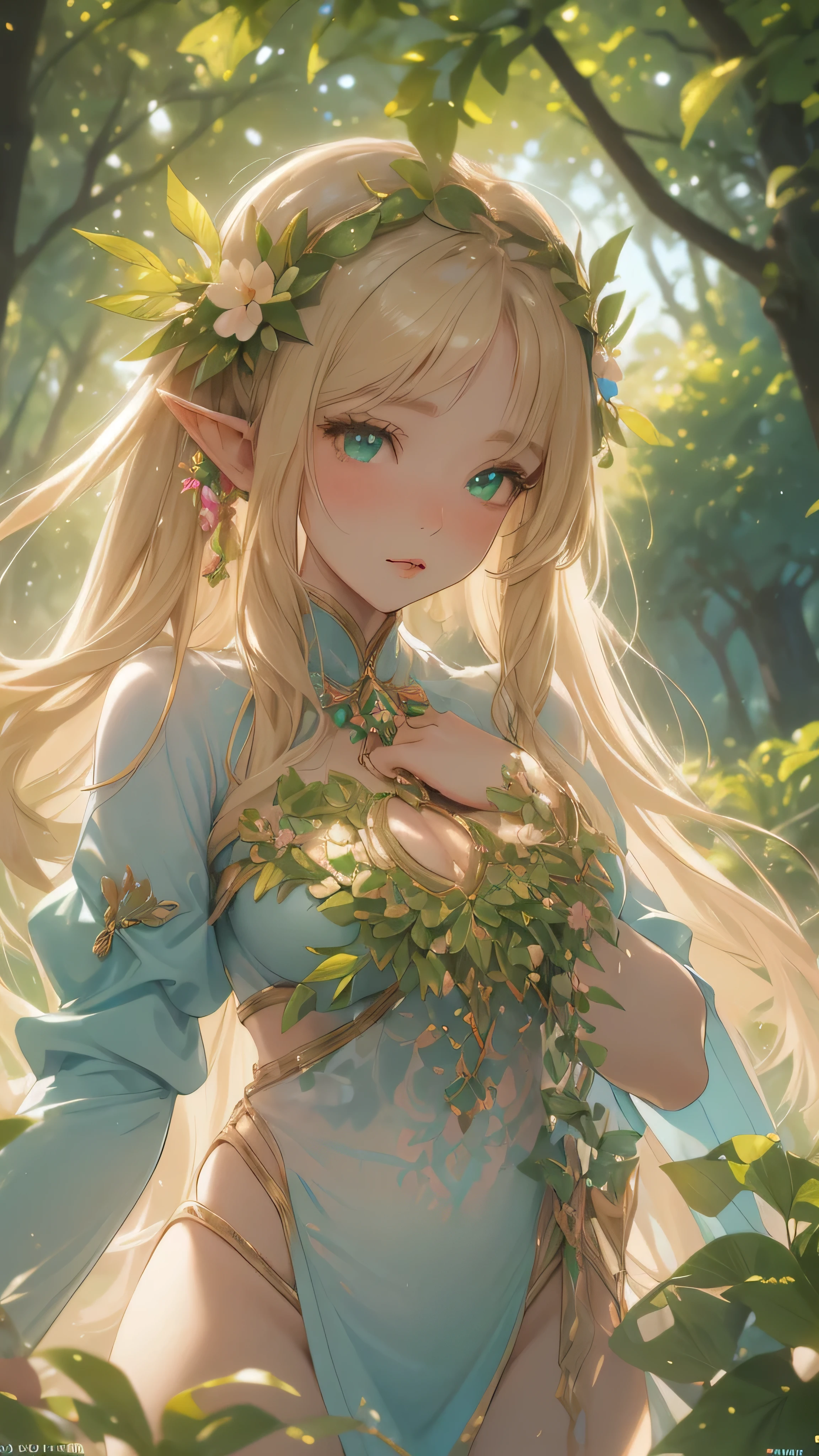 work of art, best qualityer, ultra epic details, (long scarlet red hair), purple iris eyes, Chinese hair, (emanating purple rays), black leagwear, forest in the background, rosto angelical ((Face ultra detailed)), (perfects eyes), frowning eyes, tied up hair, flushed skin, serious expression 