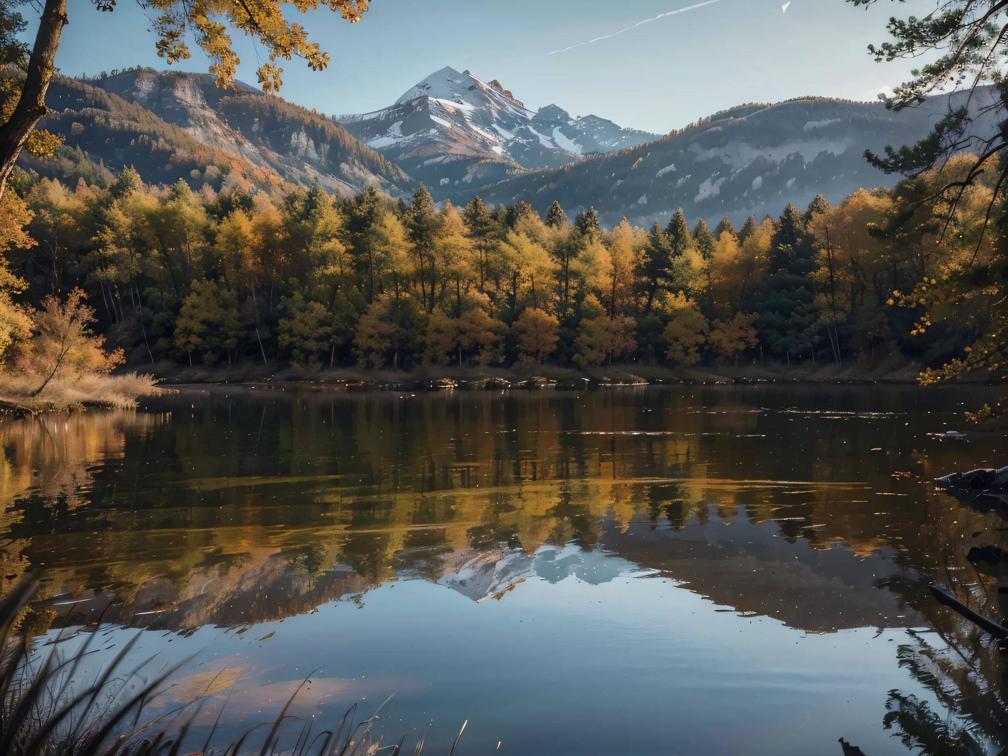 A tranquil mountain lake surrounded by an autumnal forest, 1 girl standing by the lakeside, detailed beautiful face, long eyelashes, (best quality,4k,8k,highres,masterpiece:1.2),ultra-detailed,(realistic,photorealistic,photo-realistic:1.37),HDR,UHD,studio lighting,ultra-fine painting,sharp focus,physically-based rendering,extreme detail description,professional,vivid colors,landscape,warm autumn colors,dramatic lighting,reflections on the lake