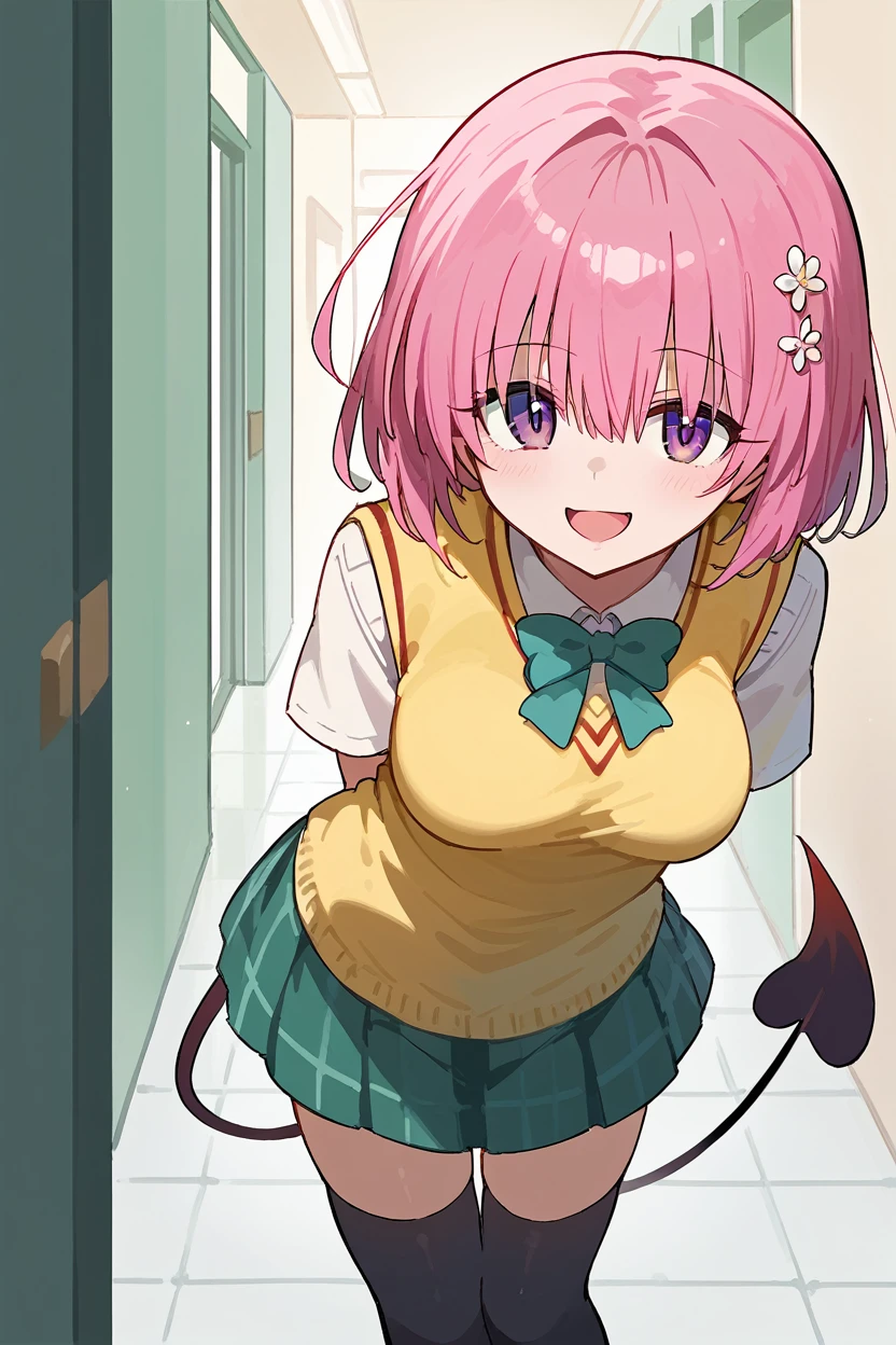 score_9, score_8_up, source_anime, BREAK 1girl tlrmomo, pink hair, hair flower, green bowtie, yellow sweater vest, white shirt, short sleeves, green miniskirt, black thighhighs, demon tail, smile, open mouth, looking at viewer, leaning forward, hallway, standing, furrowed brow, arms behind back, closed mouth