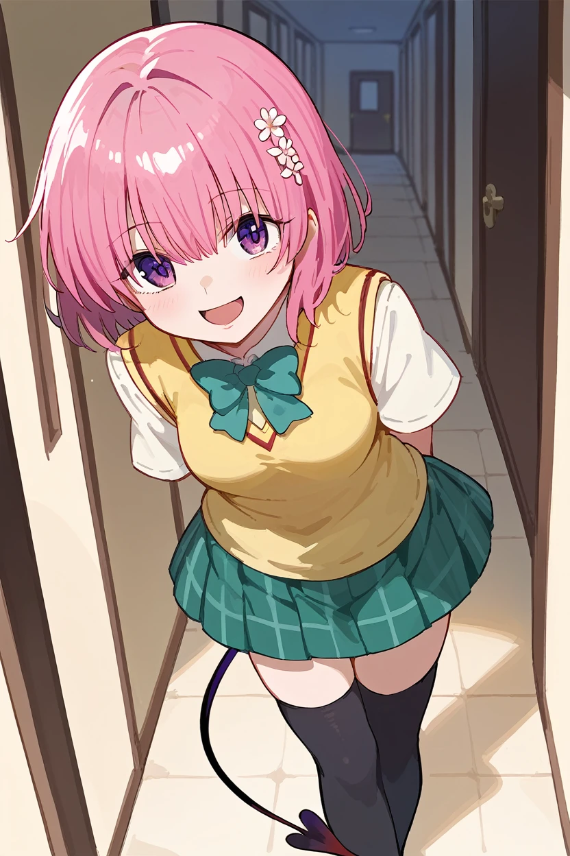 score_9, score_8_up, source_anime, BREAK 1girl tlrmomo, pink hair, hair flower, green bowtie, yellow sweater vest, white shirt, short sleeves, green miniskirt, black thighhighs, demon tail, smile, open mouth, looking at viewer, leaning forward, hallway, standing, furrowed brow, arms behind back, closed mouth