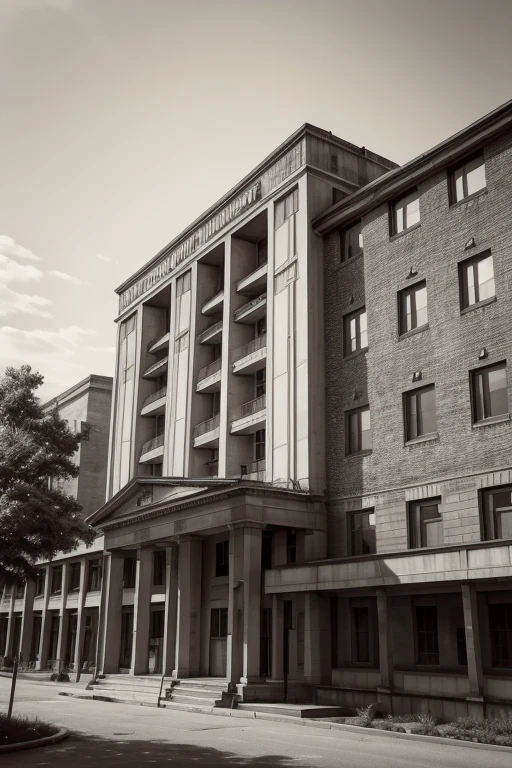 Hospital, old hospital, side view, fish lens angle, old, sketch, photo artifact, old photo, line drawing, drawing, line art, sepia, monochrome, 1950's, broad view, panoramic, building, outside, large building, long building