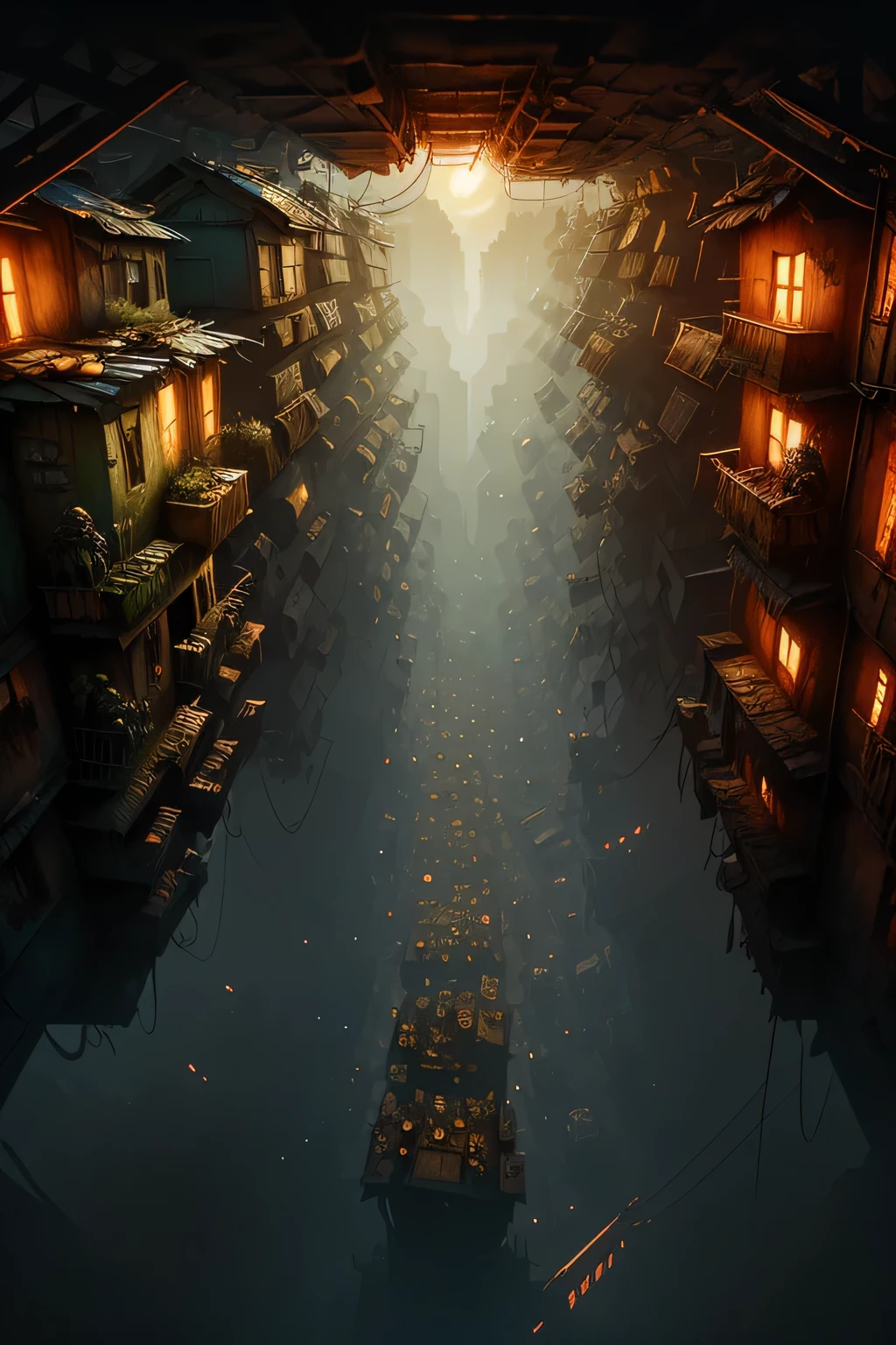 Create a high-definition 4K image that immerses viewers into the bleak and overcrowded world of Necromunda, a planet in the Warhammer 40,000 universe. Necromunda should be depicted as a grim and industrially-focused planet, with sprawling multi-tiered hive cities towering above the surface.
The hives should appear as a mishmash of crowded residential areas, dilapidated factories, and dark, dangerous underhives. The upper levels of these hives should be adorned with elements of Gothic architecture, while the lower levels are filled with slums and squalor, where