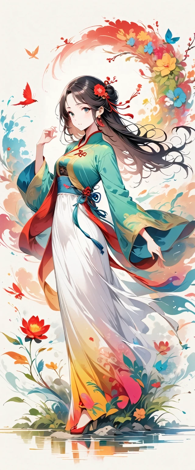 (Beautiful girl in white clothes),Full body standing,Wide sleeves,Big watery eyes,Beautiful face and smooth fair skin,Delicate face,Black long hair,Chinese Beauty,Dressed in ancient Chinese costumes,gossamer,rich and colorful,Bright and colorful,Vibrant digital illustrations,(Clean background),Ink painting style,Clean colors,Decisive cuts,A blank slate,masterpiece, Ultra-delicate,Epic Composition,high quality,Highest quality,4K