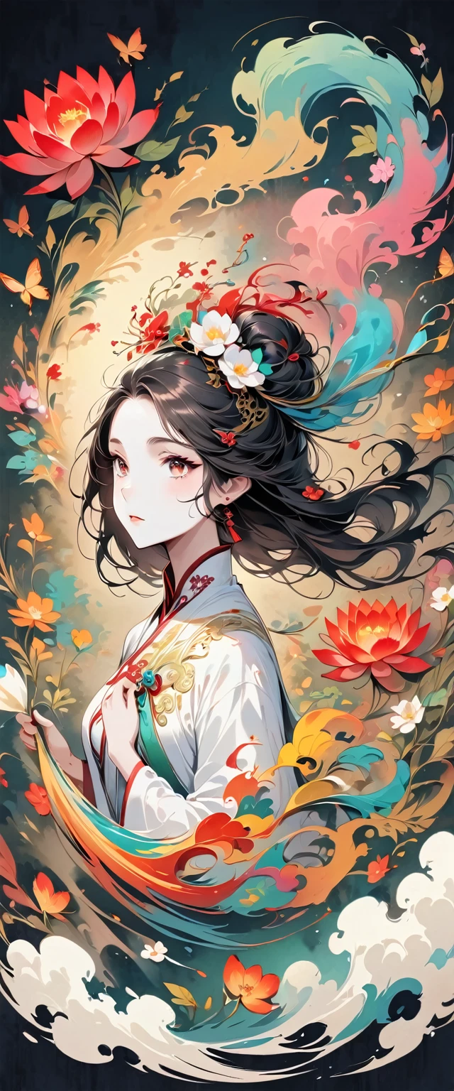 (Beautiful girl in white clothes),Full body standing,Wide sleeves,Big watery eyes,Beautiful face and smooth fair skin,Delicate face,Black long hair,Chinese Beauty,Dressed in ancient Chinese costumes,gossamer,rich and colorful,Bright and colorful,Vibrant digital illustrations,(Clean background),Ink painting style,Clean colors,Decisive cuts,A blank slate,masterpiece, Ultra-delicate,Epic Composition,high quality,Highest quality,4K