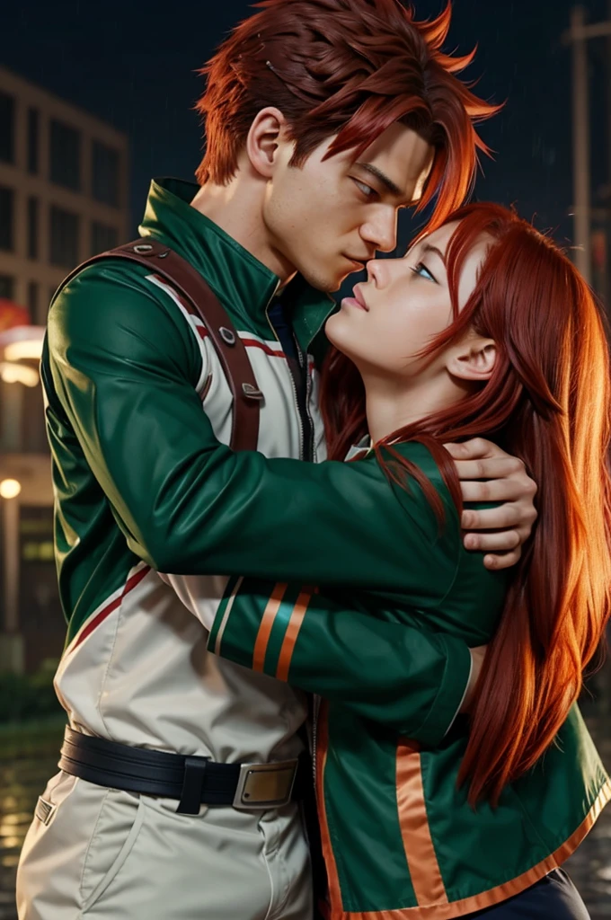 Screenshot Boku no Hero Academia. young woman with long wavy copper hair, green eyes, slim body and Shoto Todoroki, kissing under the rain