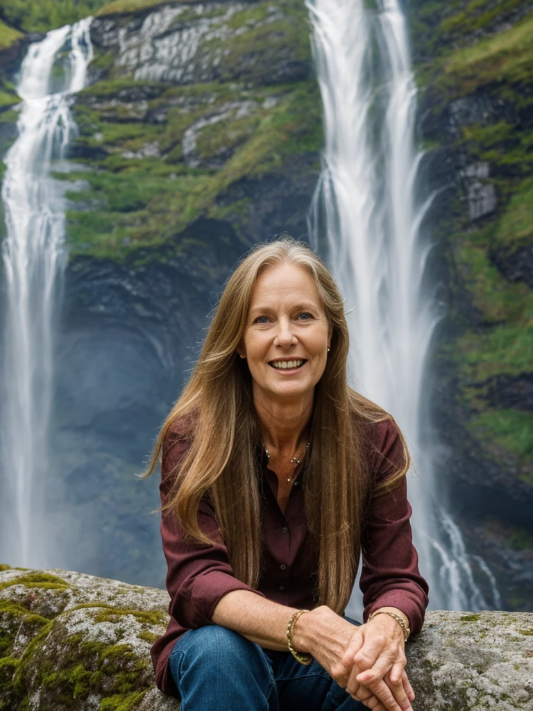 Liv Ullman, her name is Freydis, high quality, 1 old woman, ((50-year-old SLIM dutch woman)), ((50 years old)), (((wrinkled body))), ((((old body)))), (((LONG HAIR))), (((no make up))), (pale skin), (((blue eyes))), she is wearing NORWEGIAN CLOTHING, POSE: sitting, classy, laughing, happy, BACKGROUND: outdoor: Geirangerfjord: A majestic fjord surrounded by steep cliffs and cascading waterfalls. 