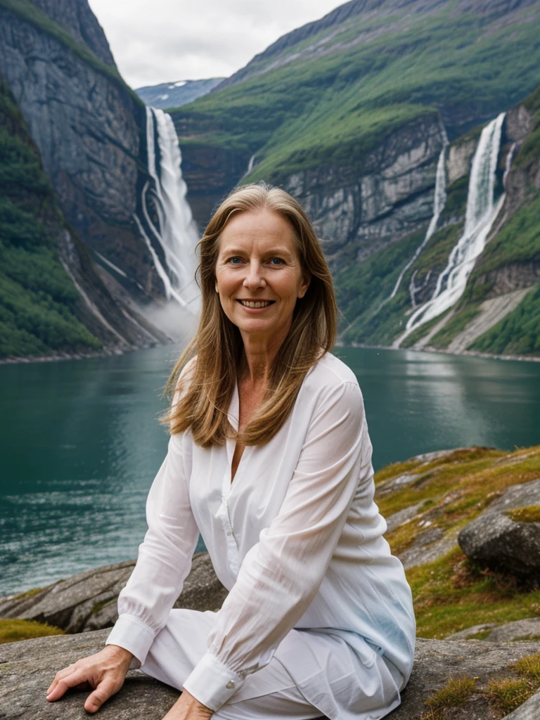 Liv Ullman, her name is Freydis, high quality, 1 old woman, ((50-year-old SLIM dutch woman)), ((50 years old)), (((wrinkled body))), ((((old body)))), (((LONG HAIR))), (((no make up))), (pale skin), (((blue eyes))), she is wearing NORWEGIAN CLOTHING, POSE: sitting, classy, laughing, happy, BACKGROUND: outdoor: Geirangerfjord: A majestic fjord surrounded by steep cliffs and cascading waterfalls.