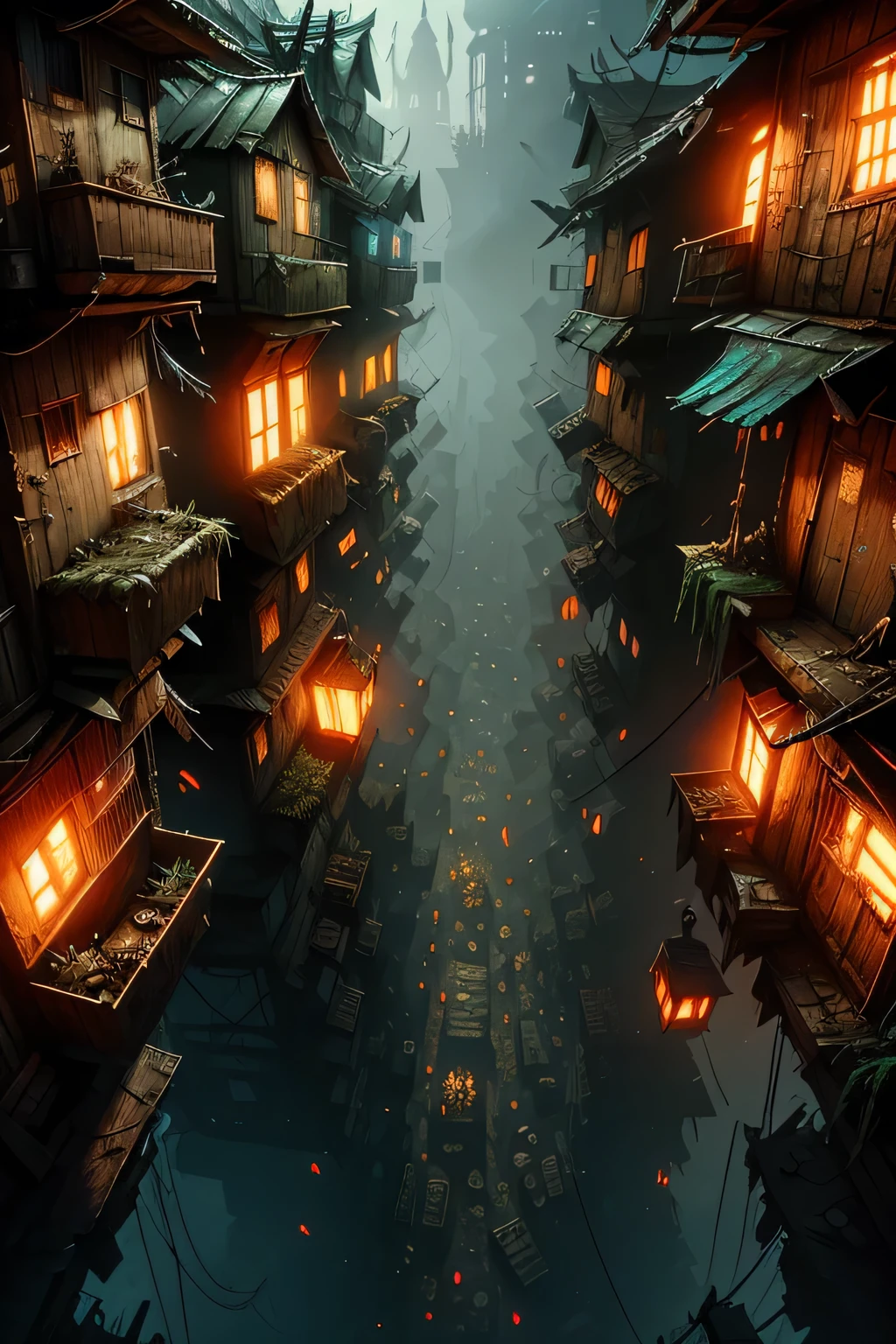 Create a high-definition 4K image that immerses viewers into the bleak and overcrowded world of Necromunda, a planet in the Warhammer 40,000 universe. Necromunda should be depicted as a grim and industrially-focused planet, with sprawling multi-tiered hive cities towering above the surface.
The hives should appear as a mishmash of crowded residential areas, dilapidated factories, and dark, dangerous underhives. The upper levels of these hives should be adorned with elements of Gothic architecture, while the lower levels are filled with slums and squalor, where