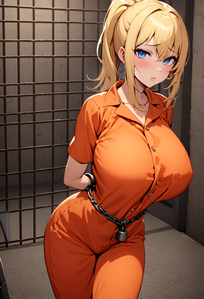 mugshot, view the viewer, Huge breast, prisoner, prison girl, jailed, prisoned, orange prison jumpsuit, Handcuffed, Restrained, shackle, domina, jail cell, lock, long blonde hair, blue eyes, ponytail