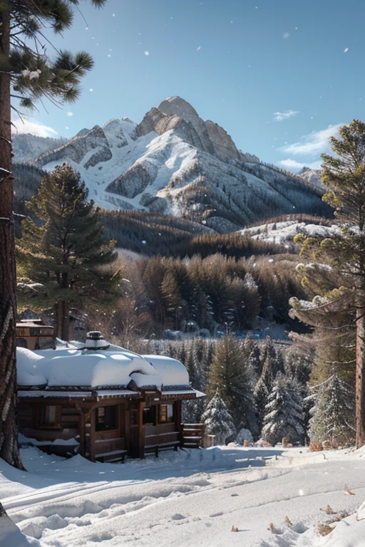 landscape of a mountain valley, ((pine trees at the foot of the mountains)), ((snow on top of mountains)), cinematographic, 8k, detailed, realist, octane rendering, (((intricate details)), HDR, ((intricate details, hyperdetailed)), photorealist, ultrarealist, realist shadows, realist lighting