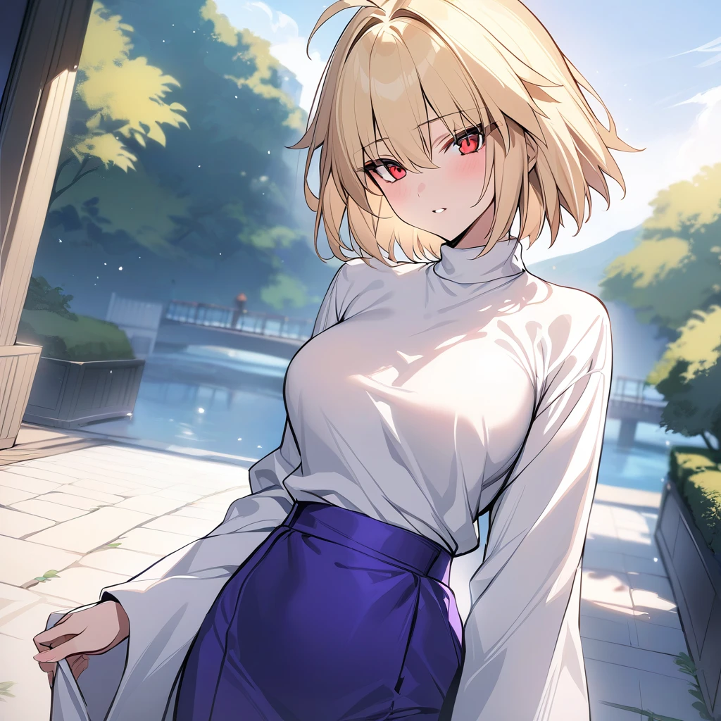 masterpiece,best quality,Arcueid,red eyes,short hair,1girl, white sweater, solo,looking at viewer, purple long skirt,wide sleeves,hair between eyes,long sleeves,breasts,outdoors, 