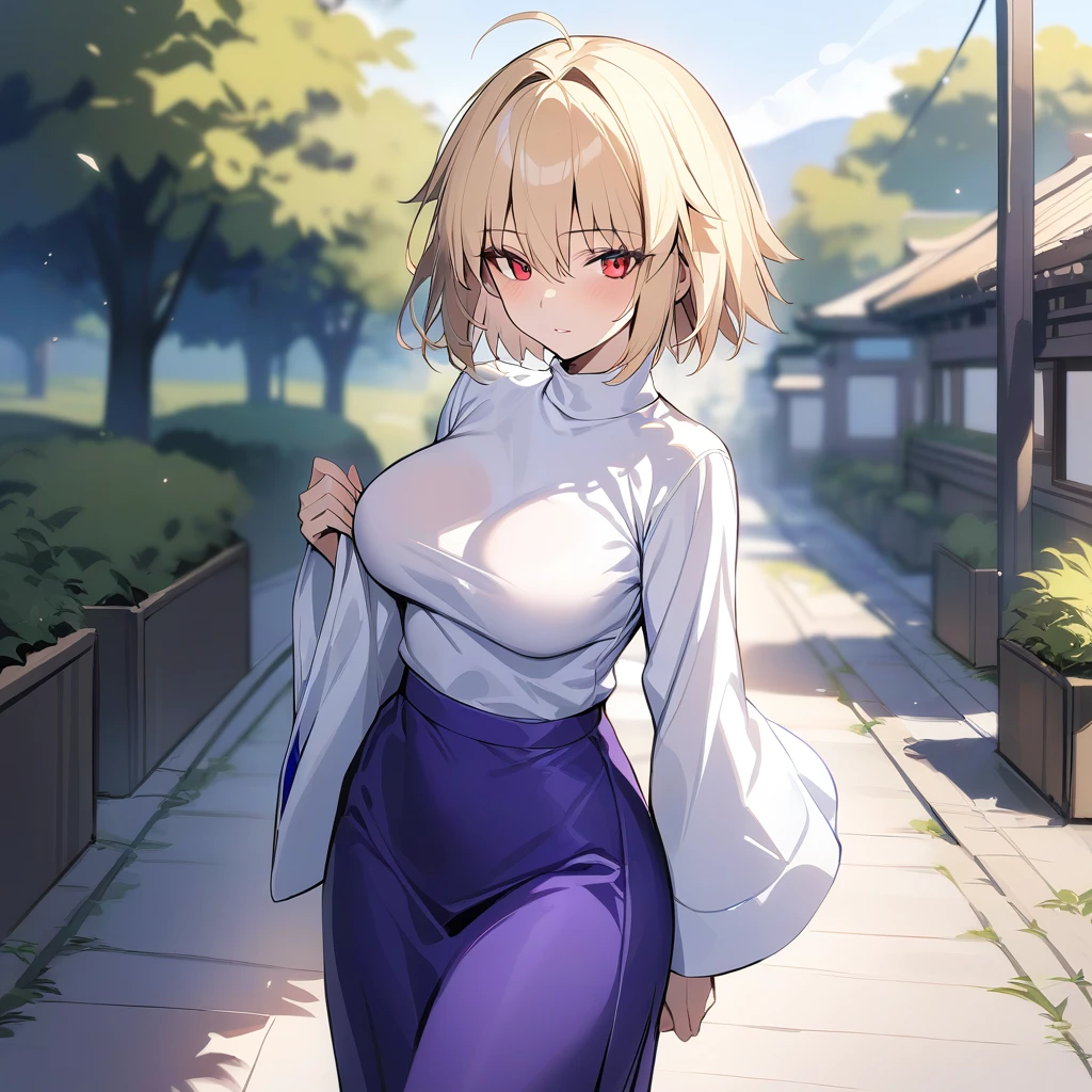 masterpiece,best quality,Arcueid,red eyes,short hair,1girl, white sweater, solo,looking at viewer, purple long skirt,wide sleeves,hair between eyes,long sleeves,breasts,outdoors, 