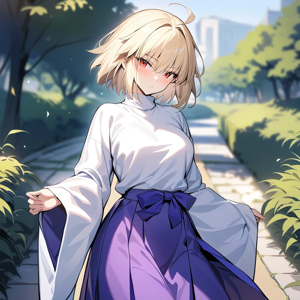 masterpiece,best quality,Arcueid,red eyes,short hair,1girl, white sweater, solo,looking at viewer, purple long skirt,wide sleeves,hair between eyes,long sleeves,breasts,outdoors, 