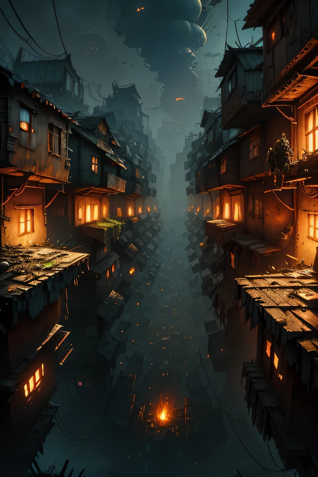Create a high-definition 4K image that immerses viewers into the bleak and overcrowded world of Necromunda, a planet in the Warhammer 40,000 universe. Necromunda should be depicted as a grim and industrially-focused planet, with sprawling multi-tiered hive cities towering above the surface.
The hives should appear as a mishmash of crowded residential areas, dilapidated factories, and dark, dangerous underhives. The upper levels of these hives should be adorned with elements of Gothic architecture, while the lower levels are filled with slums and squalor, where