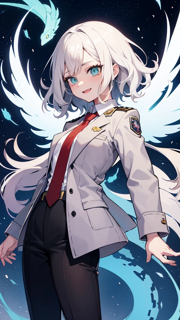 An anime style screenshot of the universe of "Boku no hero academia" (bnha). The scene shows an albino girl with short, wavy hair in the form of waves falling downwards.. He has big green eyes that stand out in his pale face.. He wears the typical UA , with a gray jacket and a red tie. The girl has snake fangs that show when she smiles and small medium-sized wings on her back. Besides, a snake's tail is seen moving behind her. The background is a typical anime school hallway, with lockers and doors on the sides