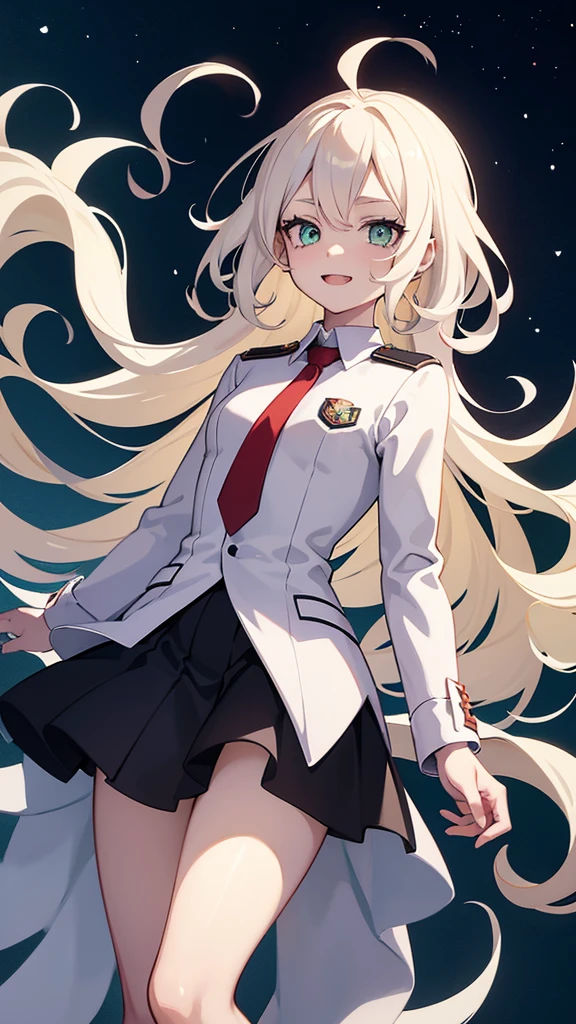 An anime style screenshot of the universe of "Boku no hero academia" (bnha). The scene shows an albino girl with short, wavy hair in the form of waves falling downwards.. He has big green eyes that stand out in his pale face.. He wears the typical UA , with a gray jacket and a red tie. The girl has snake fangs that show when she smiles and small medium-sized wings on her back. Besides, a snake&#39;s tail is seen moving behind her. The background is a typical anime school hallway, with lockers and doors on the sides