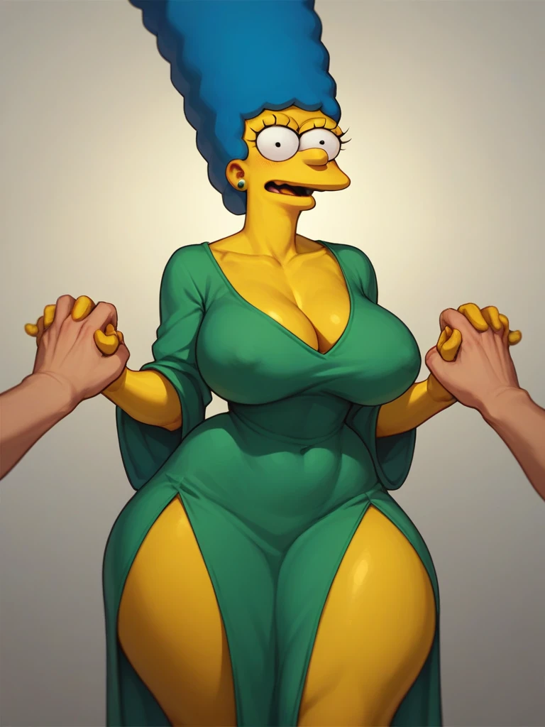 margue simpson, huge thighs, huge tits, short green dress, blue fur, yellow skin, hands holding excessively giant tits, sexy