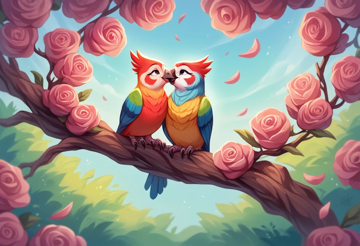 Two vibrant colorful birds perched on a branch with buds and flowers, Sitting with its beak open,Colorful 8K,Colorful HD images, 4K quality,Beautiful Art UHD 4K,Beautiful Nature, realistic digital art,Vivid and realistic colors,Realistic,Lovely couple, Kiss on the cheek cutely, , Parrot, Nice and cute, Kiss together, Ilarki Nadal, A nice kiss, , Cute Colorful Adorable, romantic!!!,