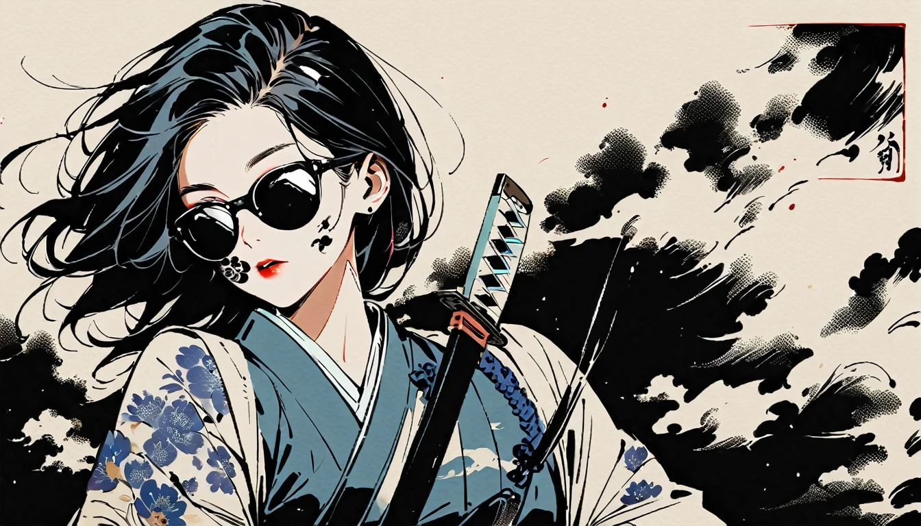 Ink Painting, (((1 girl))), (((Tattoo on face))), (((sunglasses))), (((Japanese sword))), Japanese style headphones, beautiful girl, Black Hair, Delicate and precise, Modern ukiyo-e style, background color Darkness