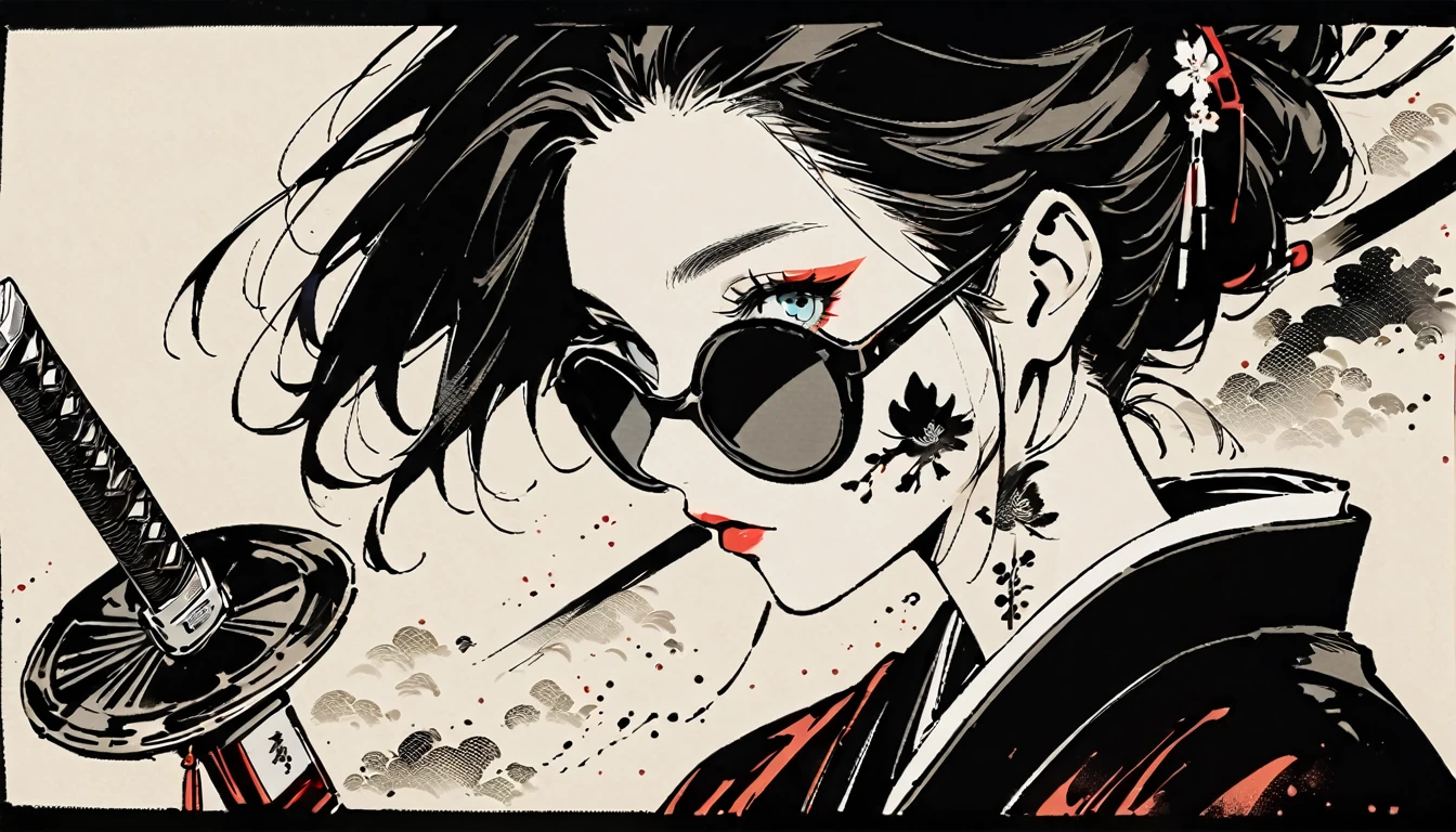 Ink Painting, (((1 girl))), (((Tattoo on face))), (((sunglasses))), (((Japanese sword))), Japanese style headphones, beautiful girl, Black Hair, Delicate and precise, Modern ukiyo-e style, background color Darkness