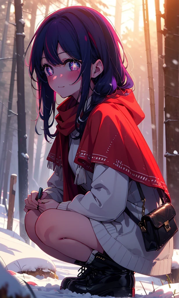 aihoshino, Ai Hoshino, Long Hair, bangs, (Purple eyes:1.1), Purple Hair, (Symbol-shaped pupil:1.5), smile,,smile,blush,White Breath,
Open your mouth,snow,Ground bonfire, Outdoor, boots, snowing, From the side, wood, suitcase, Cape, Blurred, , forest, White handbag, nature,  Squat, Mouth closed, Cape, winter, Written boundary depth, Black shoes, red Cape break looking at viewer, Upper Body, whole body, break Outdoor, forest, nature, break (masterpiece:1.2), Highest quality, High resolution, unity 8k wallpaper, (shape:0.8), (Beautiful and beautiful eyes:1.6), Highly detailed face, Perfect lighting, Extremely detailed CG, (Perfect hands, Perfect Anatomy),