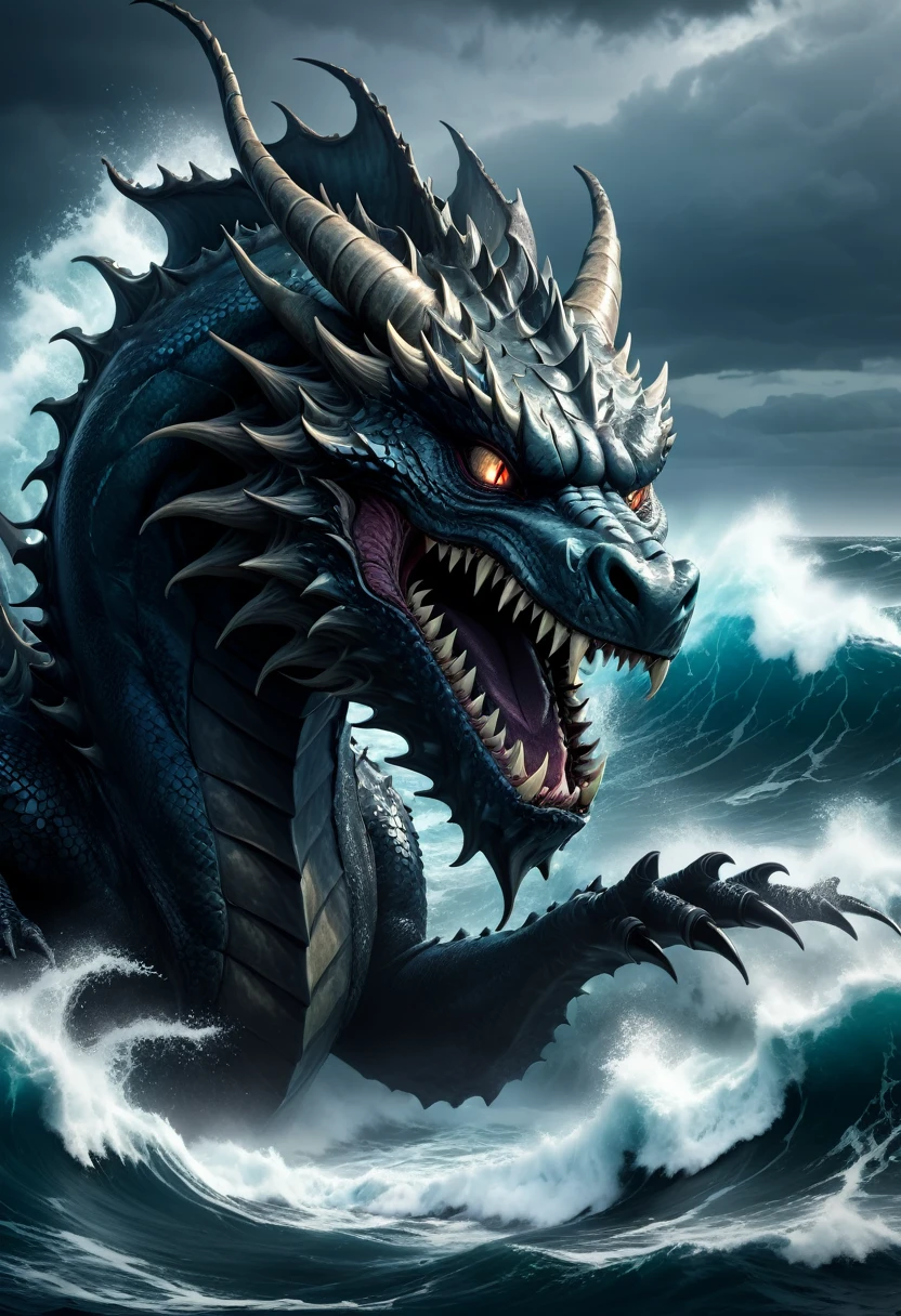 evil dragon, 5 dragon heads, a lot of eyes, sharp teeth, monstrous being, dark sea, gigantic creature, (best quality,4k,8k,highres,masterpiece:1.2),ultra-detailed,(realistic,photorealistic,photo-realistic:1.37),dark fantasy, dramatic lighting, dramatic shadows, cinematic, epic scale, intricate details, highly detailed scales, demonic, twisted, nightmarish, gritty, moody, eerie atmosphere, deep ocean, crashing waves, stormy seas